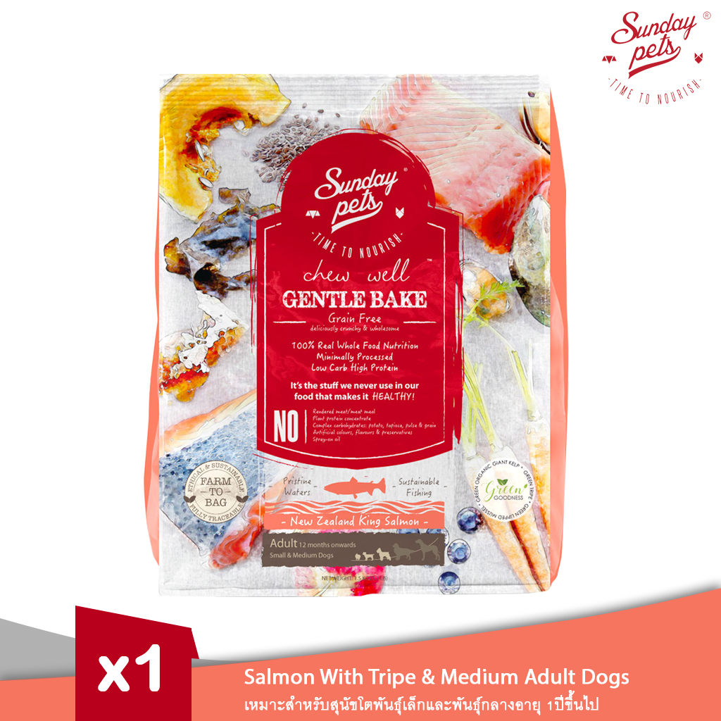 Sunday Pets Gentle Bake Salmon With Tripe Small & Medium Adult Dogs - สูตรแซลมอนสำหรับสุนัขอายุ 1 ปีขึ้นไป 1.3kg