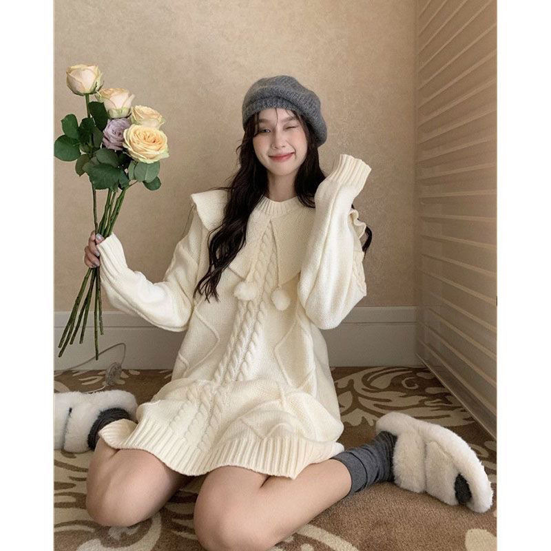 ชุดกระโปรงผู้หญิง เดรสกันหนาว ไหมพรม แขนยาว ผ้าหนา ทรงหลวม รุ่น1127#