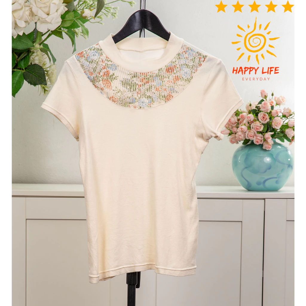 เสื้อยืดคอกลมแขนสั้น ลายดอกกุหลาบ ผ้าคอตตอน สีครีม