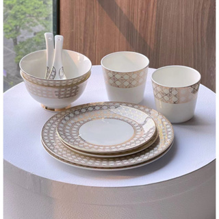 DIOR European style simple gold check advanced bone China tableware 10-piece set