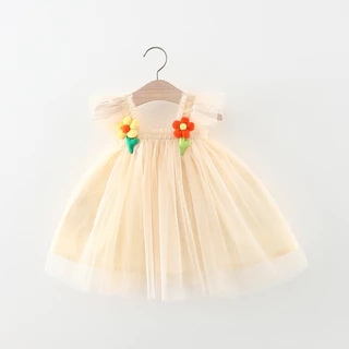 Babyonline(Y448)L3-OF0 (ส่งด่วน1วัน)ชุดเดรสสายเดี่ยวดอกไม้กระโปรงฟรุ้งฟริ้งสำหรับเด็กผ้าชีฟอง มีซับใน ไม่ระคายเคืองผิว