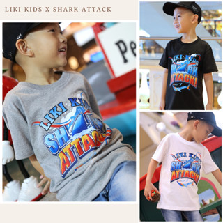 เสื้อยืดสกรีนลาย LIKI KIDS X SHARK ATTACK เนื้อผ้าหนานุ่ม ใส่สบาย ลายสกรีนสีสัน คมชัด ไม่ยืด ไม่ย้วย