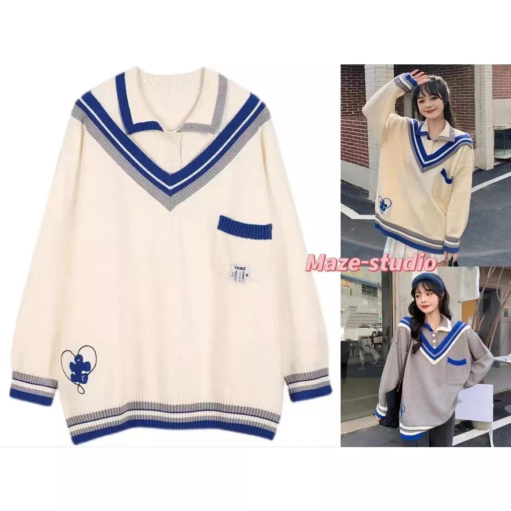 [ Maze ] | พร้อมส่ง | สเว็ตเตอร์แขนยาวแต่งคอวีคอโปโลดูเก๋ไม่ซ้ำ （85121-1）