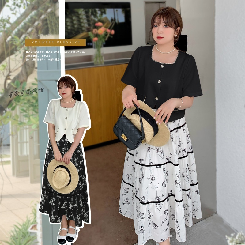 🔥พร้อมส่งอก 48"  : PMP2206 : เซตเสื้อกระโปรงลายดอกสำหรับผู้หญิงไซส์ใหญ่ เสื้อคอเหลี่ยมกระดุมแถวเดียว