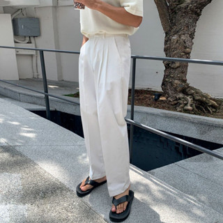 COTTON PLEATED WIDE PANTS กางเกงสแล็คจับจีบขากระบอกตรงสไตล์เกาหลี