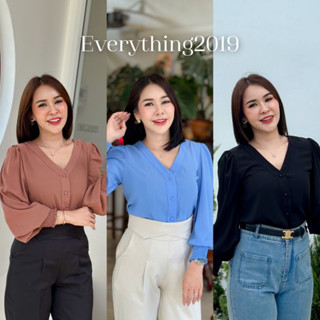 Everything2019 🌈 (680) เสื้อคอวีกระดุมปั๊มแขนจั๊ม ผ้าชีฟองไม่ร้อนใส่สบาย เสื้อทำงานผู้หญิง