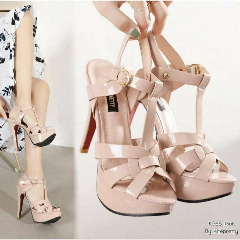 kitepertty รุ่นk766 รองเท้าส้นเข็มสูง 5 นิ้ว สไตล์อีฟแซง  เสริมหน้า 1.5 นิ้ว  หนังเเก้ว สวยเด็ดโดนใจ