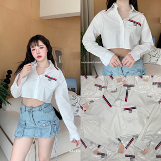 (VL) Miu shirt crop 🖤❤️ เสื้อเชิ้ตทรงครอปแบรนด์ดัง งานปัก กระดุมปั๊มแบรนด์ เนื้อผ้าcotton เนื้อดี