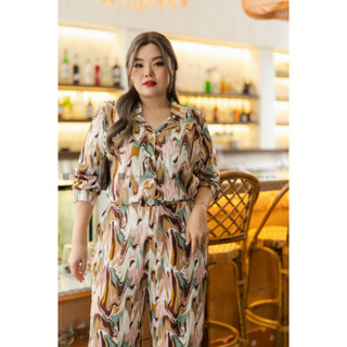 ST191 เซ็ตกราฟิกน้ำตาลเขียว เสื้อผ้าพลัสไซส์ Plussize fashion ชุดคนอ้วน แฟชั่นสาวอวบ