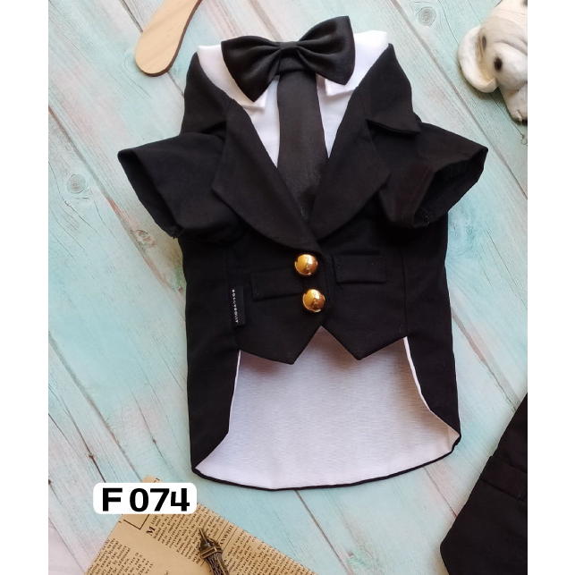 Pet cloths - Doggydolly ชุดเจ้าบ่าว  เสื้อผ้าสัตว์เลี้ยง หมาแมว ทักซิโด้  สูทสีดำ โบว์หน้า งานแต่ง ขนาดไซส์ 1-9 โล F074