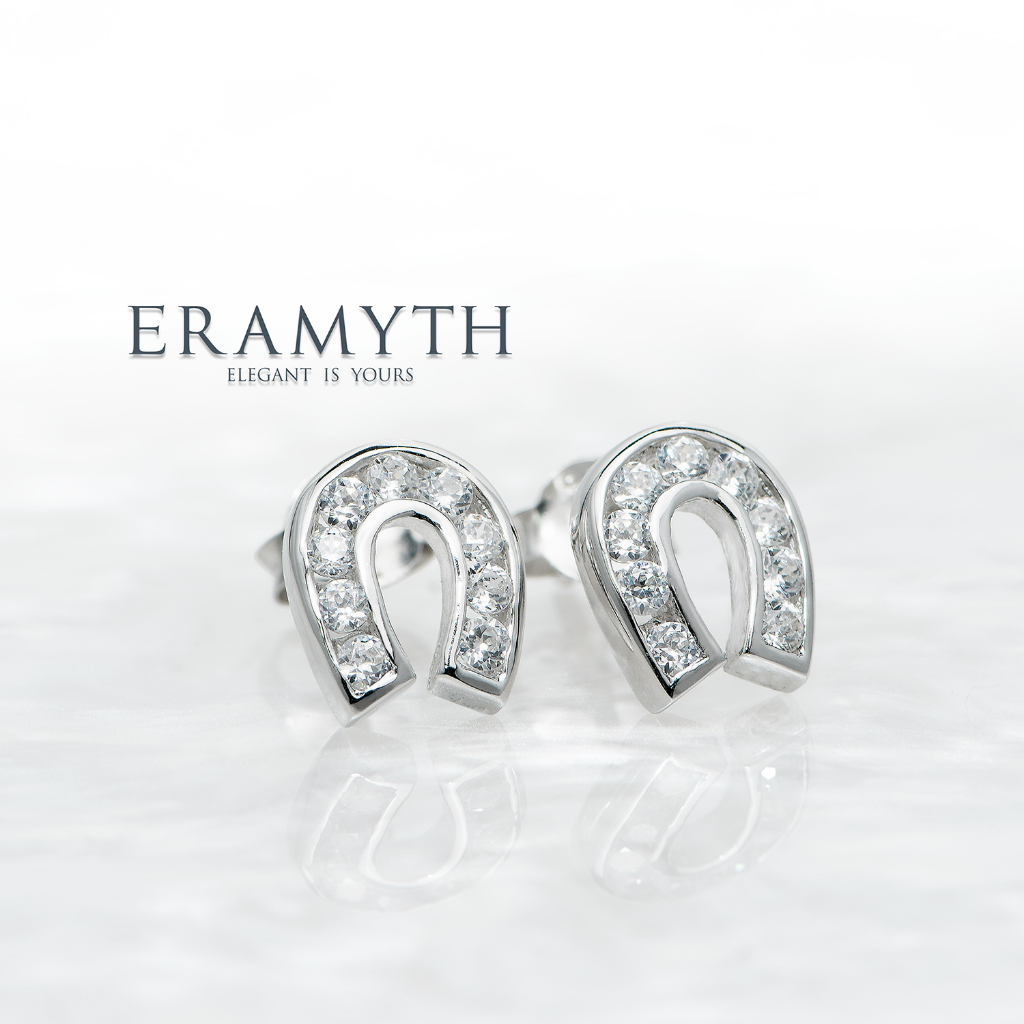 Eramyth jewelry: ต่างหู เงินแท้ 92.5 ปักก้าน ทรงเกือกม้า ฝังเพชรสวิสCZ รหัส SH-0169-R01(พร้อมส่งจ้า)