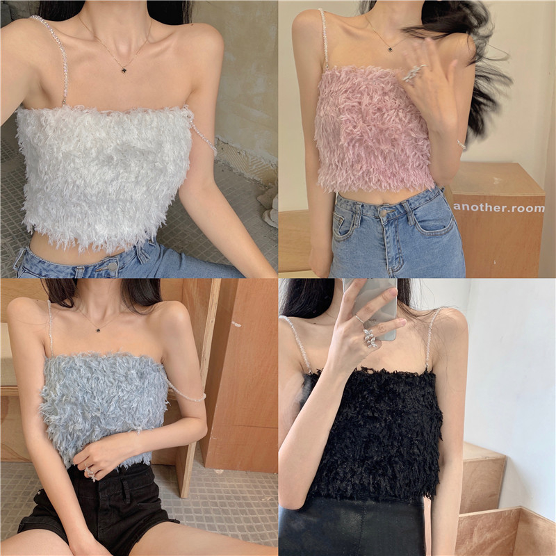 **พร้อมส่งในไทย** เสื้อผ้าหรูหรา เสื้อสายเดี่ยว แต่งขนฟูนุ่ม สายลูกปัด Y29