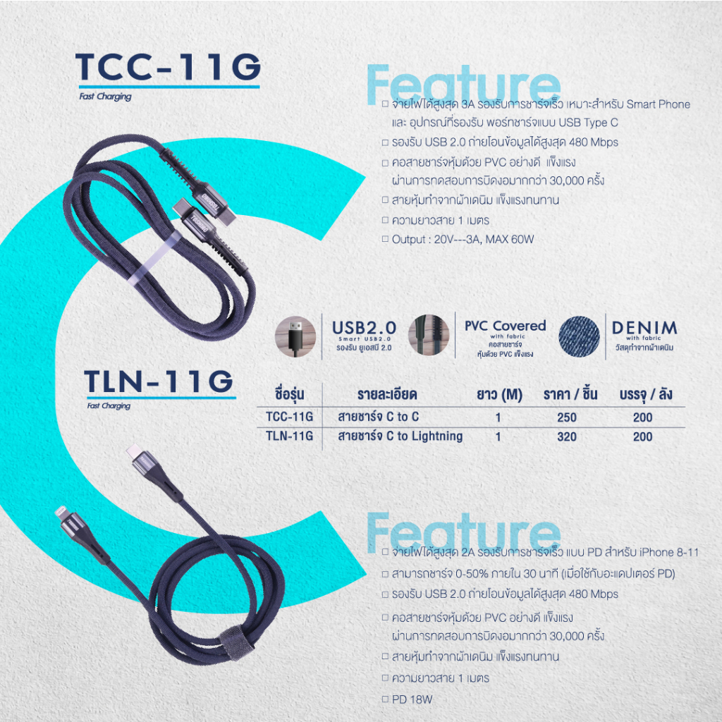 ส่งฟรี Toshino สายชาร์จ C TO Lighting รุ่น TLN-11G - รูปที่ 2