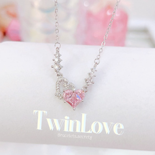 🫧 มาใหม่ 💒 พร้อมส่ง 💗 (38)TwinLove สร้อยคอหัวใจ คริสตัลสีชมพู สร้อยชุบเงินแท้92.5%