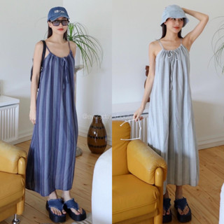 Liny maxi dress🌊🌥️(450฿ฟรีส่ง) เดรสแมกซี่สายเดี่ยว เนื้อผ้าลายทางน่ารักมากๆค่า ดีเทลรูดผูกโบว์ด้านหน้า ปรับได้ galm