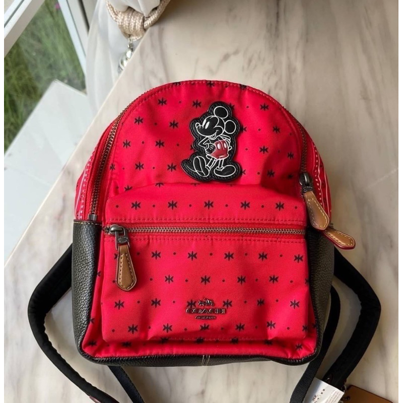 (ผ่อน0%) กระเป๋าเป้ สีแดง 7 นิ้ว Coach mini CHARLIE BACKPACK IN PRAIRIE  Mickey Mouse F59831