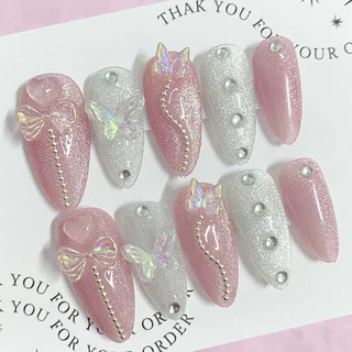 [ พร้อมส่ง ✅] เล็บปลอม เล็บเจลแท้ สไตล์เจ้าหญิง เล็บสีลูกแก้ว ( เปลี่ยนสีพื้นได้ ) ✨