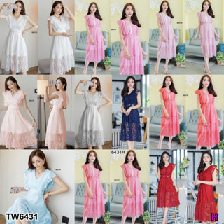 6431 Dress แม็กซี่เดรส ลูกไม้ คอวี ช่วงแขนแต่งระบาย Maxi dress, lace, v-neck, ruffled sleeves