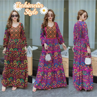 พร้อมส่ง Maxi Dress Bohemianชุดเดรสยาวผ้าพิมพ์ลายอินโดนสไตล์โบฮีเมียน เดรสสาวอวบใส่เที่ยวทะเล เสื้อผ้าอินเดีย