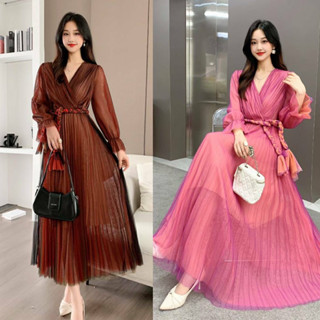 maxi dress ชุดเดรสยาว แต่วอัดพลีท ตาข่าย ใส่ออกงาน ใส่เที่ยว