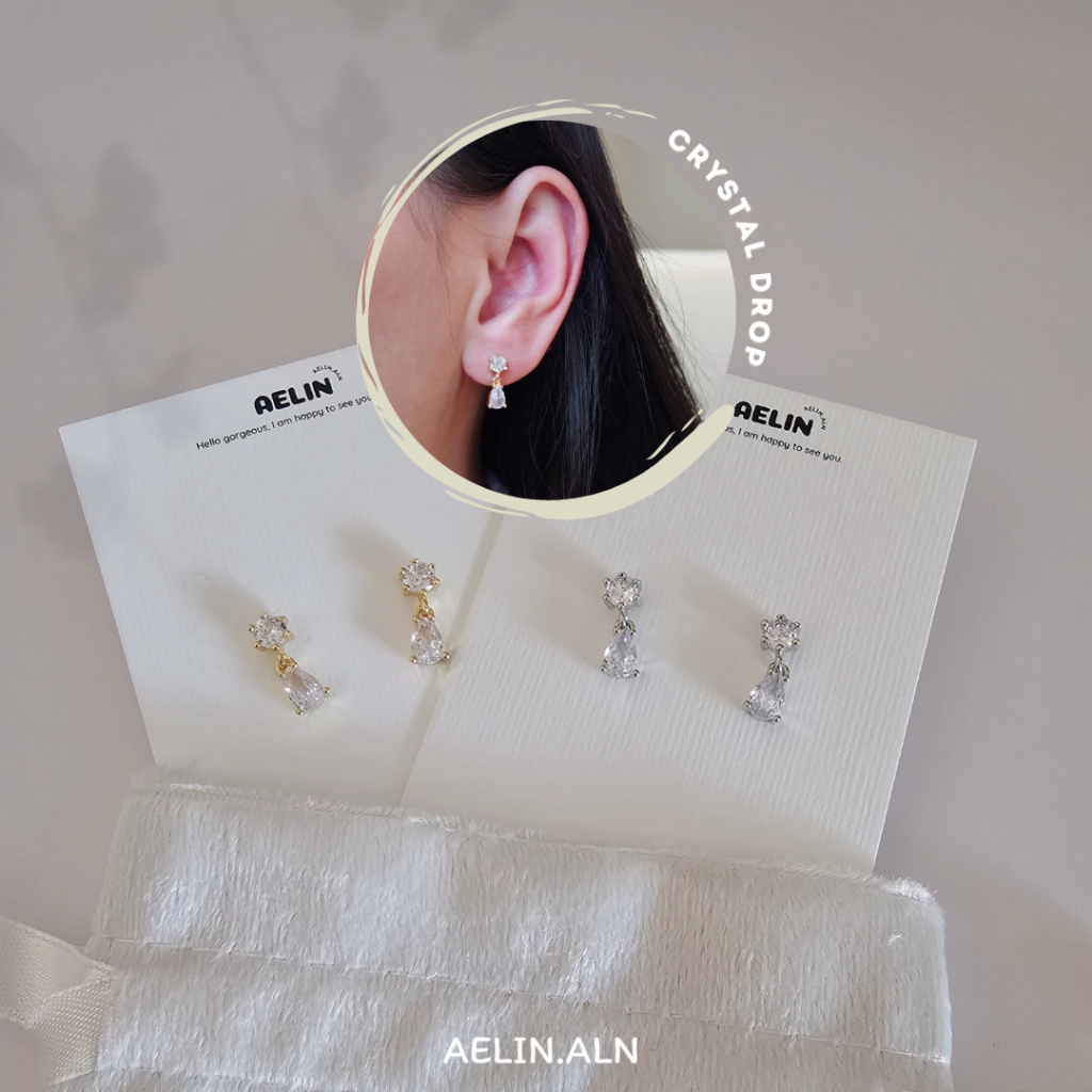 Crystal drop earrings - Aelin.aln ต่างหูทรงหยดน้ำสีเงิน/สีทอง สวยหรู