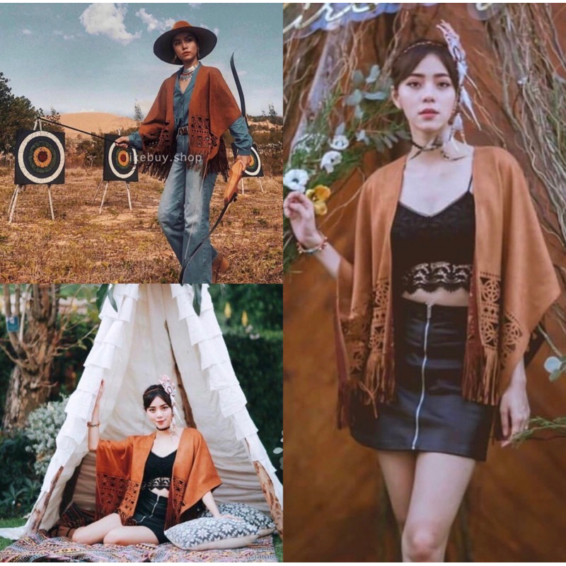 เข้าแล้วพร้อมส่ง เสื้อคลุมหนังโบฮีเมียนคาวบอยหนังทรงค้างคาว – โปรปัง