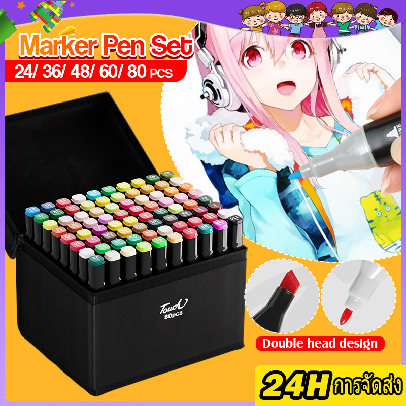ปากกาเมจิกไฮไลท์ ปากกามาร์คเกอร์ 2in1 24สี 36สี 48สี 60สี 80สี ไร้สารพิษ ปลอดภัยสำหรับเด็กๆ แถมกระเป๋าใส่ฟรี