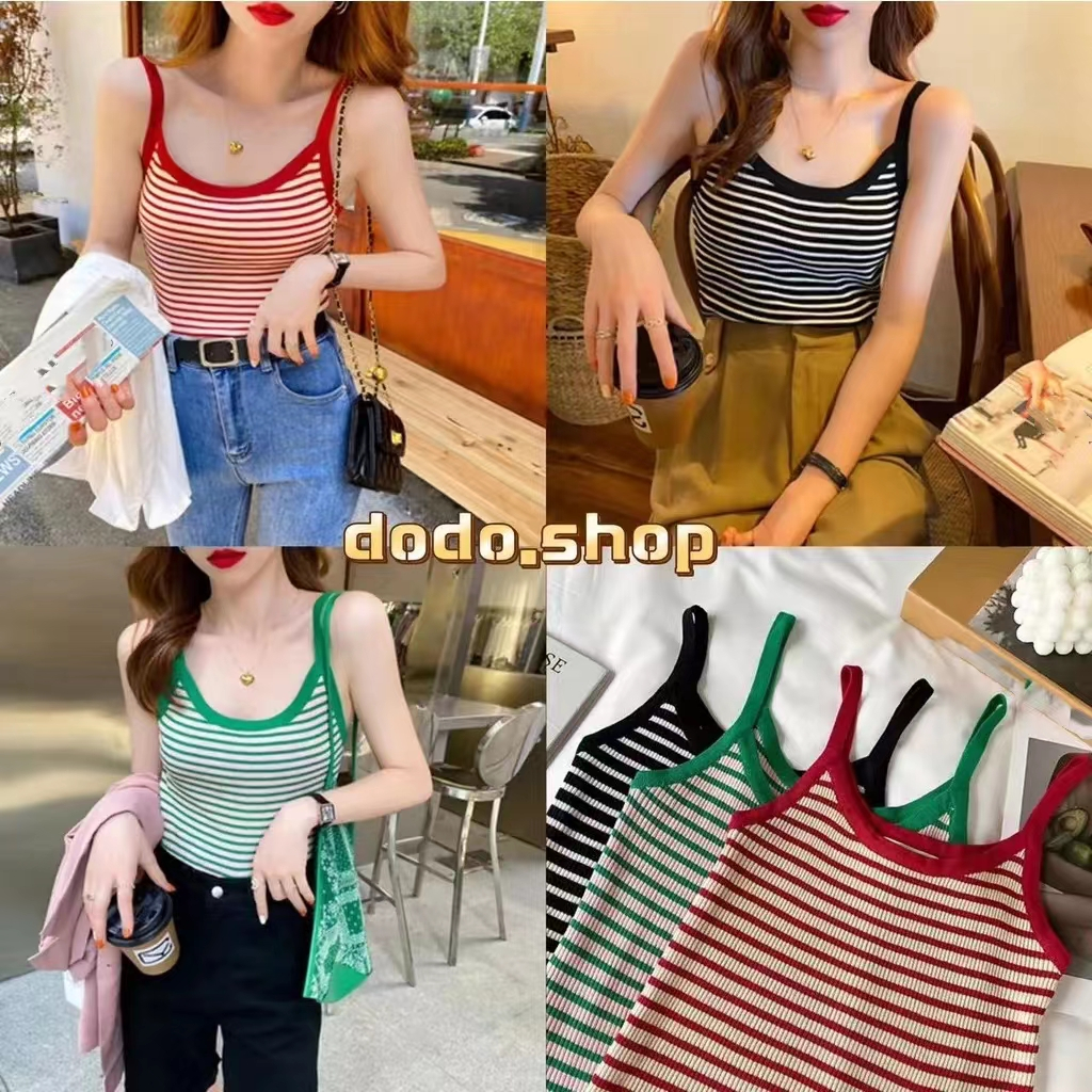 DoDo*แฟชั่นใหม่พร้อมส่งจ้า* เสื้อสายเดี่ยวไหมพรม ลายทาง คอยู ผ้าถัก สวยๆสไตล์เกาหลี (77019）