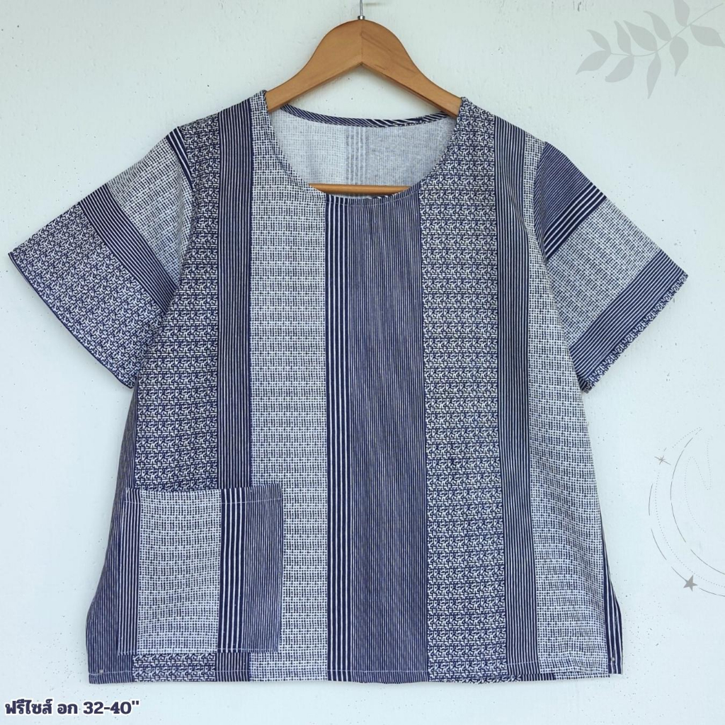 เสื้อคอกลมผ้าฝ้ายไทย เสื้อลายดอก สไตล์มินิมอล  มีกระเป๋าเสื้อทุกตัว รูปที่ 5