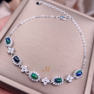 Meena Gem ข้อมือพลอยแท้แบล๊คโอปอล ตัวเรือนเงินแท้925พลอยดิบ  แหวนพลอยนำโชค พลอยประจำวันเกิด