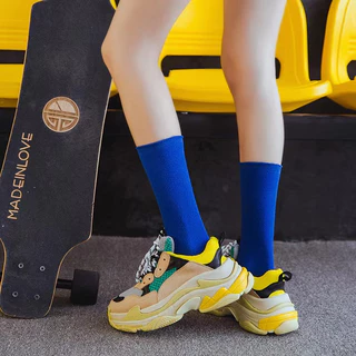 ถุงเท้าสีพื้น สีสด เรืองแสง นีออน แนวสตรีท ข้อยาว สไตล์เกาหลีKorean Women's socks fashion candy color socks
