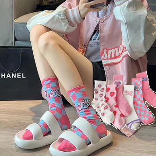 ถุงเท้าข้อยาว ถุงเท้าลำลอง ลายดอกไม้ หัวใจ สีชมพู เข้ากับทุกการแต่งกาย Pink cute stockings fashion colored tube socks