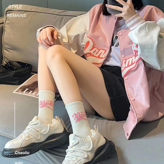ถุงเท้าข้อยาว ถุงเท้าลำลอง ลายดอกไม้ หัวใจ สีชมพู เข้ากับทุกการแต่งกาย Pink cute stockings fashion colored tube socks