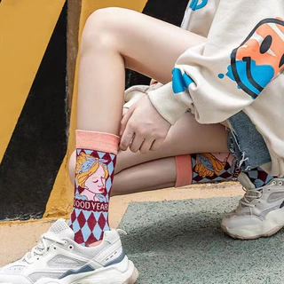 ถุงเท้าผ้าฝ้าย พิมพ์ลายน้องแมว ระบายอากาศ ถุงเท้าผู้หญิง Women's socks oil painting style cute cat socks