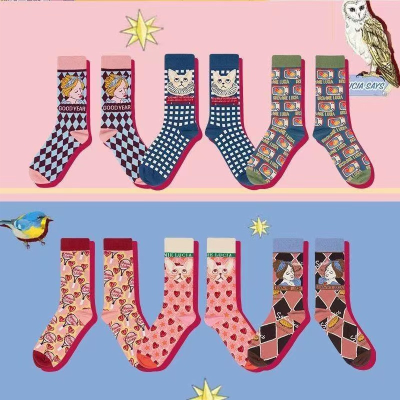 ถุงเท้าผ้าฝ้าย พิมพ์ลายน้องแมว ระบายอากาศ ถุงเท้าผู้หญิง Women's socks oil painting style cute cat socks - รูปที่ 7