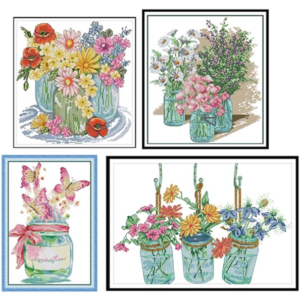ชุดปักครอสติช แจกัน ดอกไม้ ขวดโหล ขวดแก้ว ผีเสื้อ (Three vase of flower and butterflies Cross stitch kit)