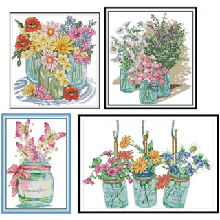 ชุดปักครอสติช แจกัน ดอกไม้ ขวดโหล ขวดแก้ว ผีเสื้อ (Three vase of flower and butterflies Cross stitch kit)