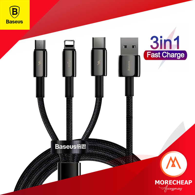 ถูก/แท้ Baseus 3in1 สายถัก USB To Micro / LN / TypeC 3.2 Max All in one Cable Fast charge