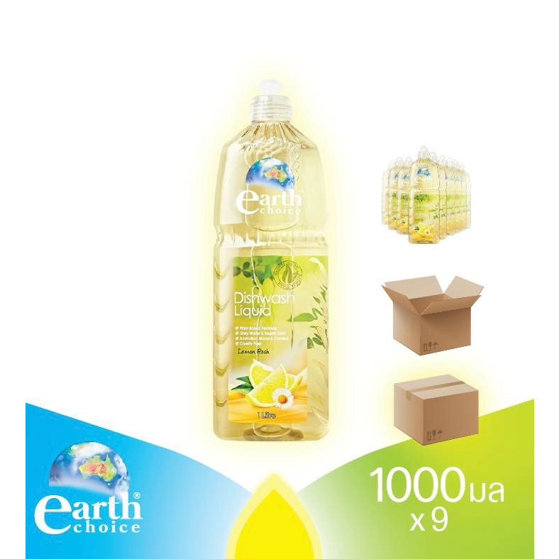 [ยกลังสุดคุ้ม] เอิร์ธชอยส์น้ำยาล้างจาน ขวด 1 ลิตร 9 ขวด/ลัง EARTH CHOICE DISHWASHLIQUID LEMON FRESH