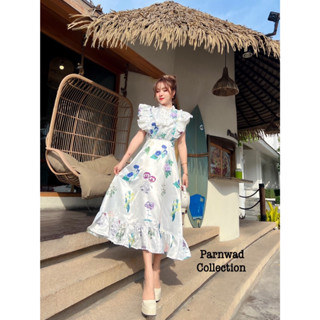 งานป้าย Parnwad | งานใหม่ | Dress พิมพ์ลายดอกแต่งระบายลูกไม้ช่วงอก สีสันสดใส ผ้านิ่มลื่น ไม่ร้อน | ขนาด S M L XL