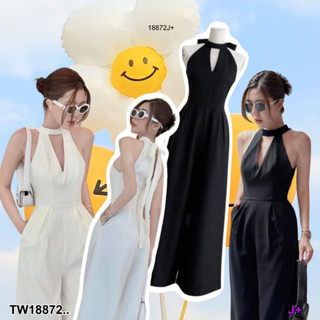 TwinsShopVip💗พร้อมส่ง TW18872 Jumpsuit จั้มสูทแขนกุด ขายาว ผูกโบว์คอหลัง ..