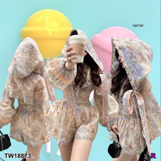 TwinsShopVip💗พร้อมส่ง TW18873 set 2 ชิ้น เสื้อครอปมีหมวกคลุม ผูกโบว์ข้าง + กางเกงขาสั้น ..