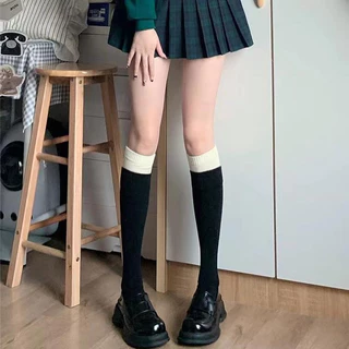 ถุงเท้ายาว ผ้าฝ้าย บล็อกสี แฟชั่นผู้หญิง สีขาว Japanese sweet knee high cotton white stockings