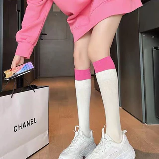 ถุงเท้ายาว ผ้าฝ้าย บล็อกสี แฟชั่นผู้หญิง สีขาว Japanese sweet knee high cotton white stockings