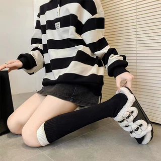 ถุงเท้ายาว ผ้าฝ้าย บล็อกสี แฟชั่นผู้หญิง สีขาว Japanese sweet knee high cotton white stockings