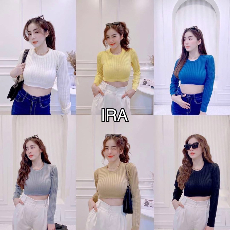 BY IRA ใหม่ พร้อมส่ง ครอปไหมพรมแขนยาว ทอลายแบบมินิมอล เรียบเก๋ ใส่ได้ทุกโอกาส ผ้าไม่หนากำลังดี