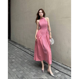 😘พร้อมส่ง!! เดรสเว้าแขน แขนกุด สีชมพู