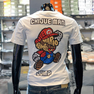 Mario พิมพ์แขนสั้นผู้ชายเสื้อยืดเกาหลีการ์ตูนเยาวชนรอบคอน้ำ