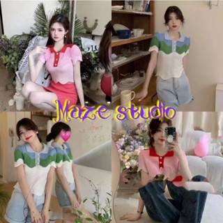 [Maze] 💓พร้อมส่ง💓เสื้อคอปกไล่สี ตกแต่งแขนเสื้อหยักปลายเสื้อหยักแบบมีสไตล์(A495)