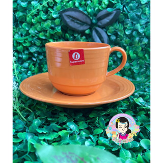 ชุดแก้วกาแฟเมลามีน แก้วพร้อมถาดรอง สีส้มอิฐ ซุปเปอร์แวร์ #ร้านรุ้งจิปาถะ